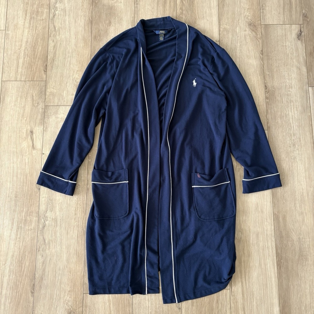 Polo Ralph Lauren Robe Mens One Size Navy‎ Bath Lounge Spa Pony Pockets